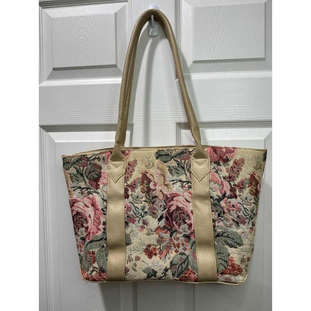 Mitzi floral tapestry tote bag beige leather trim‎ shoulder bag 90s Cottagecore